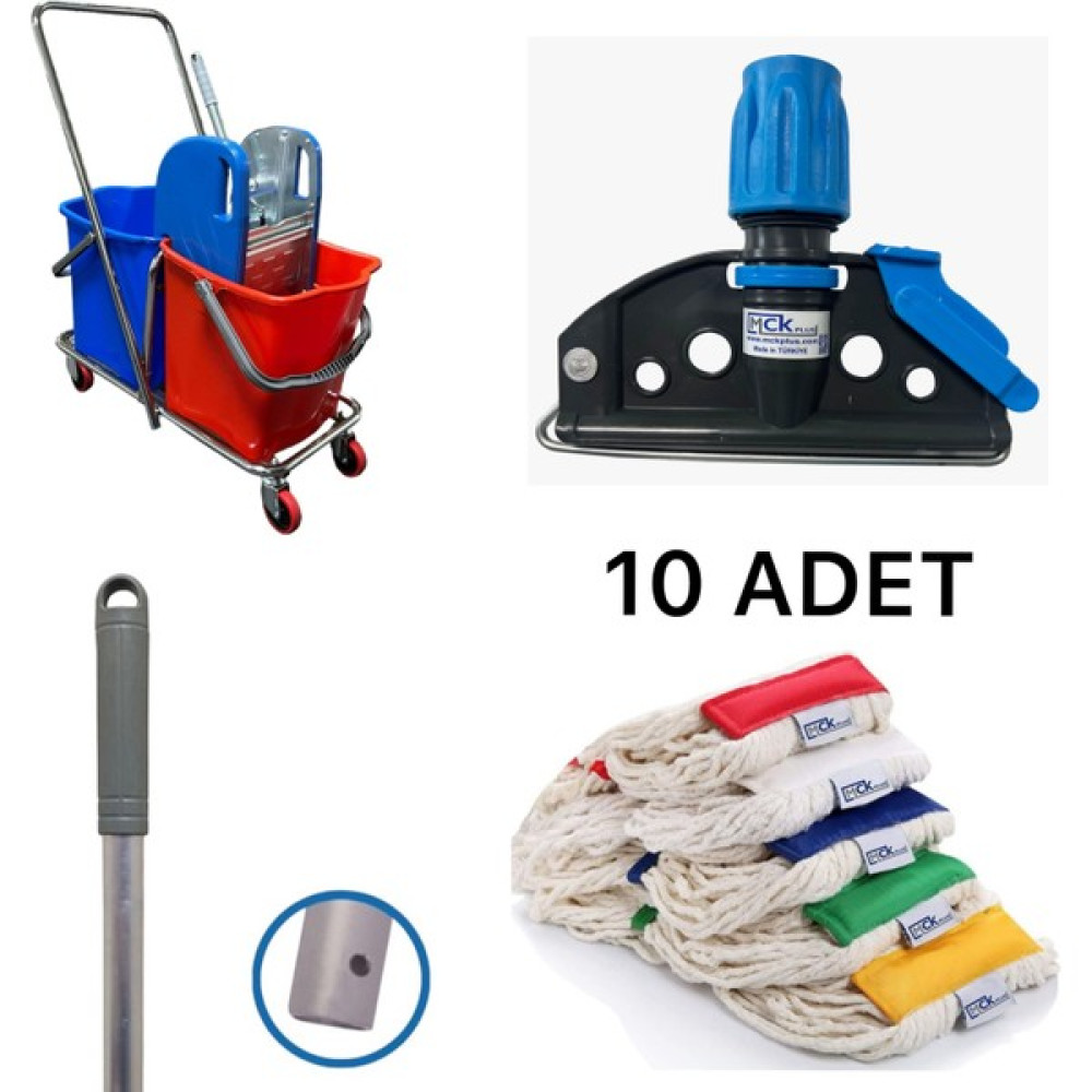 MCK Plus Çift Kovalı Paspas Arabası Krom Gövdeli Çelik Presli Temizlik Arabasıseti Islak Mop Seti 10 Adet Temizlik Malzemeleri Fiyatı