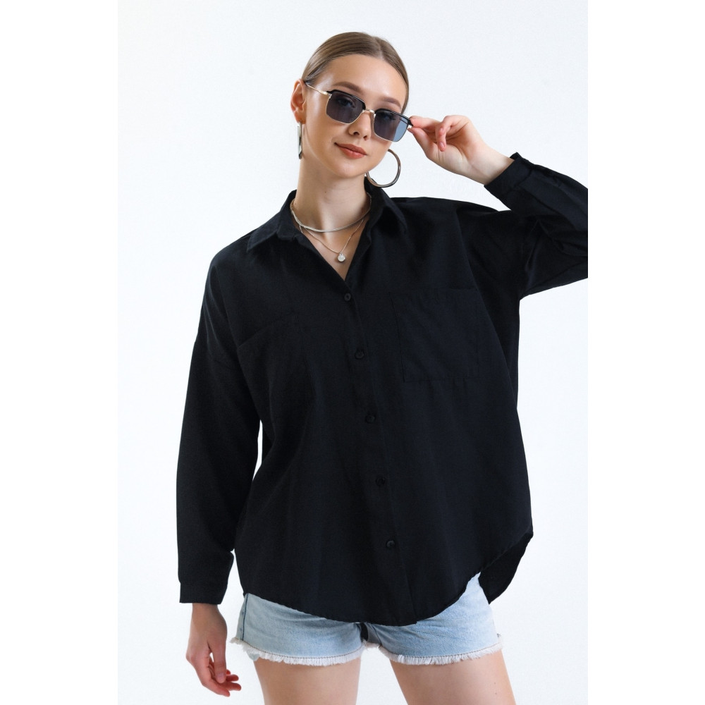 MD trend Kadın Siyah Cepli Oversize Uzun Basic Poplin Gömlek S Beden Kadın Gömlek Fiyatı