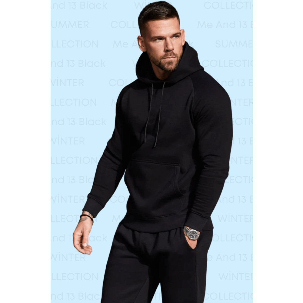 Me And 13 Black Erkek Siyah Eşofman Takımı Alt Slim Fit Kalıp Üst Fit Kapüşonlu Sweatshirt XL Beden Kadın Eşofman Fiyatı