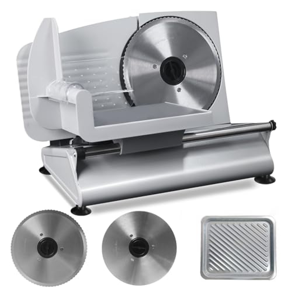 Meat Slicer, 200W Deli Meat Slicer For Home Use with 2 Removable 7.5" Stainless Steel Blades, Electric Food Slicer Child Lock Protection Adjustable Thickness Perfectly Cuts Meat, Cheese, Bread