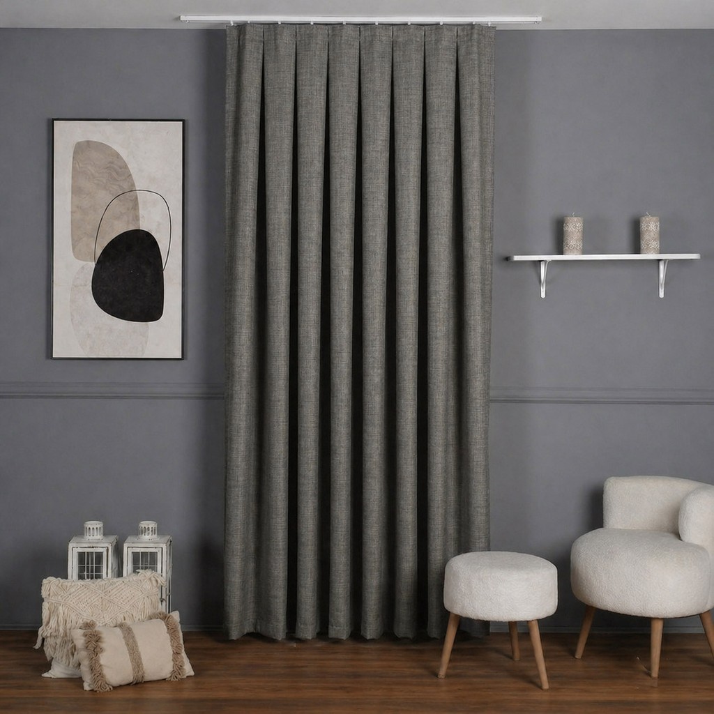 Mebelport Curtain Sık Pileli Keten Blackout Perde - %100 Karartma Fon Perde - Hazır Korniş Dikimli - Gri - Antrasit - 150 x 270 cm Perde Fiyatı