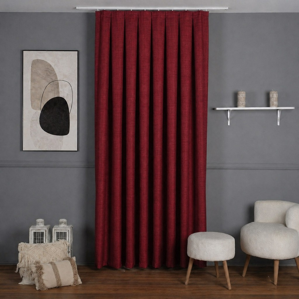 Mebelport Curtain Sık Pileli Keten Blackout Perde - %100 Karartma Fon Perde - Hazır Korniş Dikimli - Kırmızı - 150 x 290 cm Perde Fiyatı