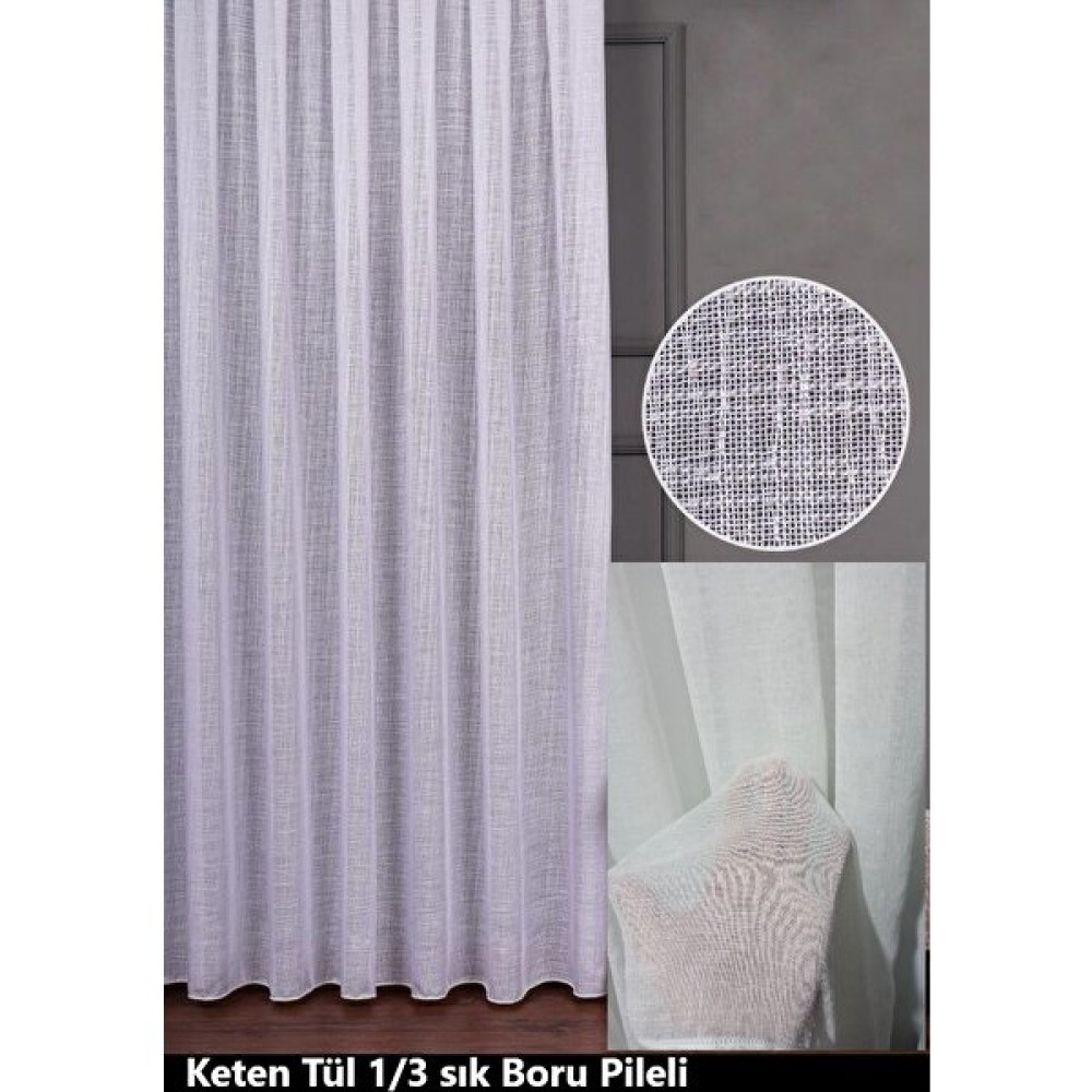 Mebelport Keten Tül 1/3 Sıklık Boru Pileli - 200 x 250 cm - Beyaz Tül Perde Fiyatı