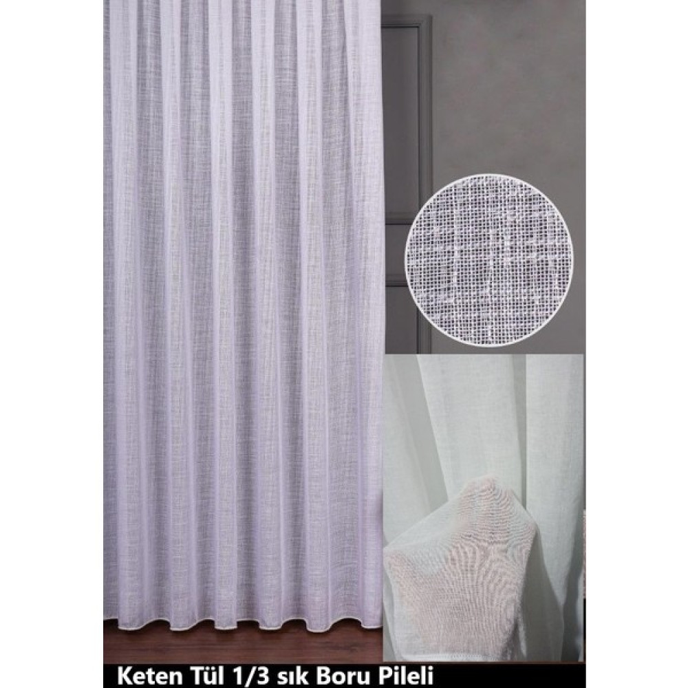 Mebelport Keten Tül 1/3 Sıklık Boru Pileli - 300 x 250 cm - Beyaz Tül Perde Fiyatı