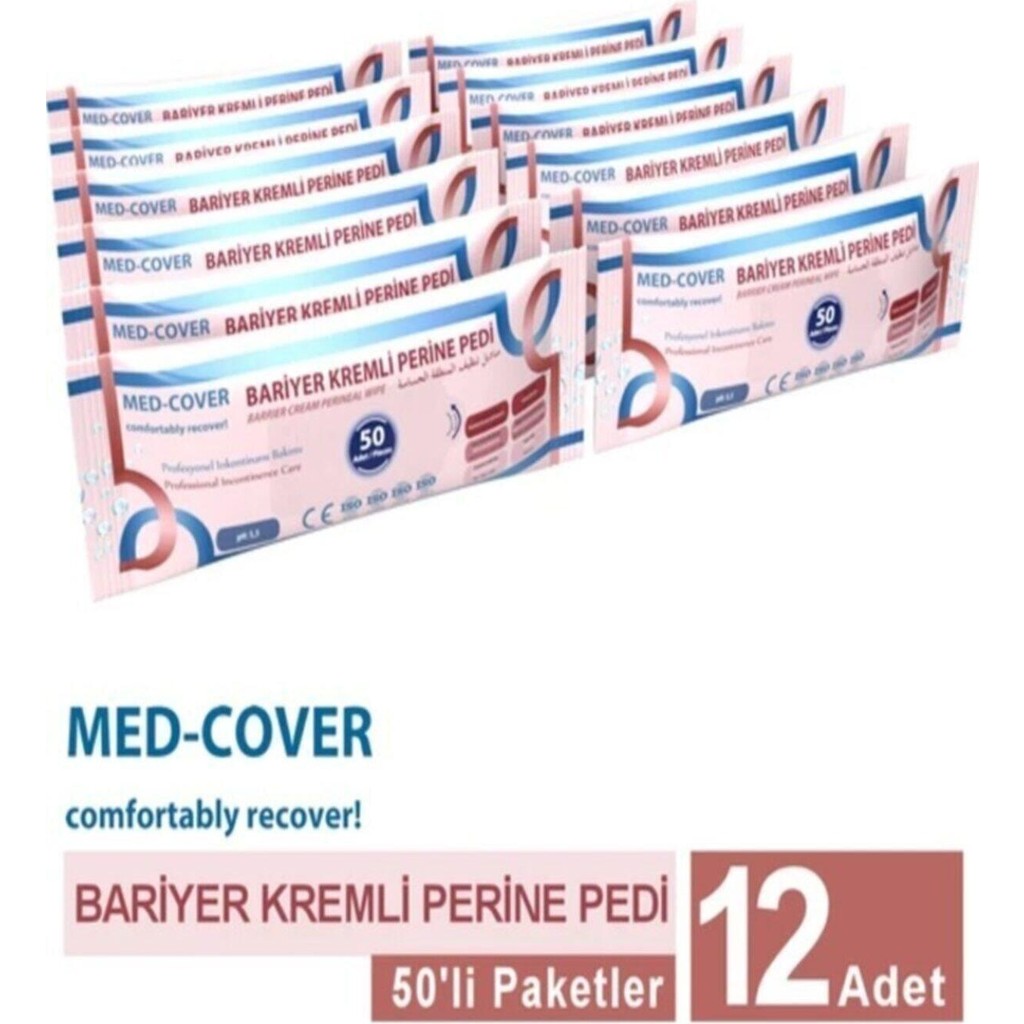 Med-Cover Medcover Med-Cover Bariyer Kremli Perine Vücut Mendili 50'li 12 Paket Hasta Bezleri ve Temizliği Fiyatı