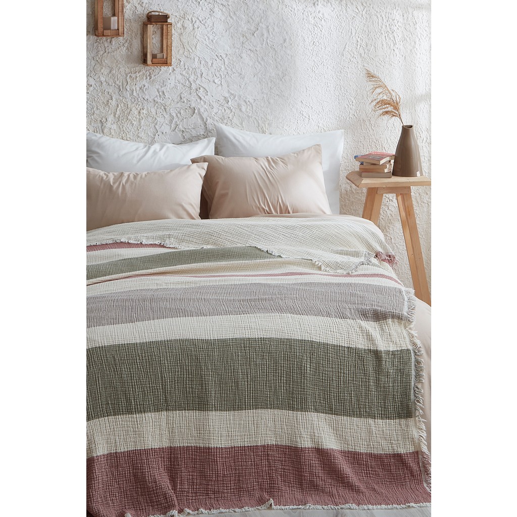 Medaillon Home Çizgili 4 Katlı Müslin %100 Pamuklu Çift Taraflı Yatak Örtüsü - Pike 220X240 - Bej Çizgili - 220 x 240 cm SSD / Solid State Drive Fiyatı