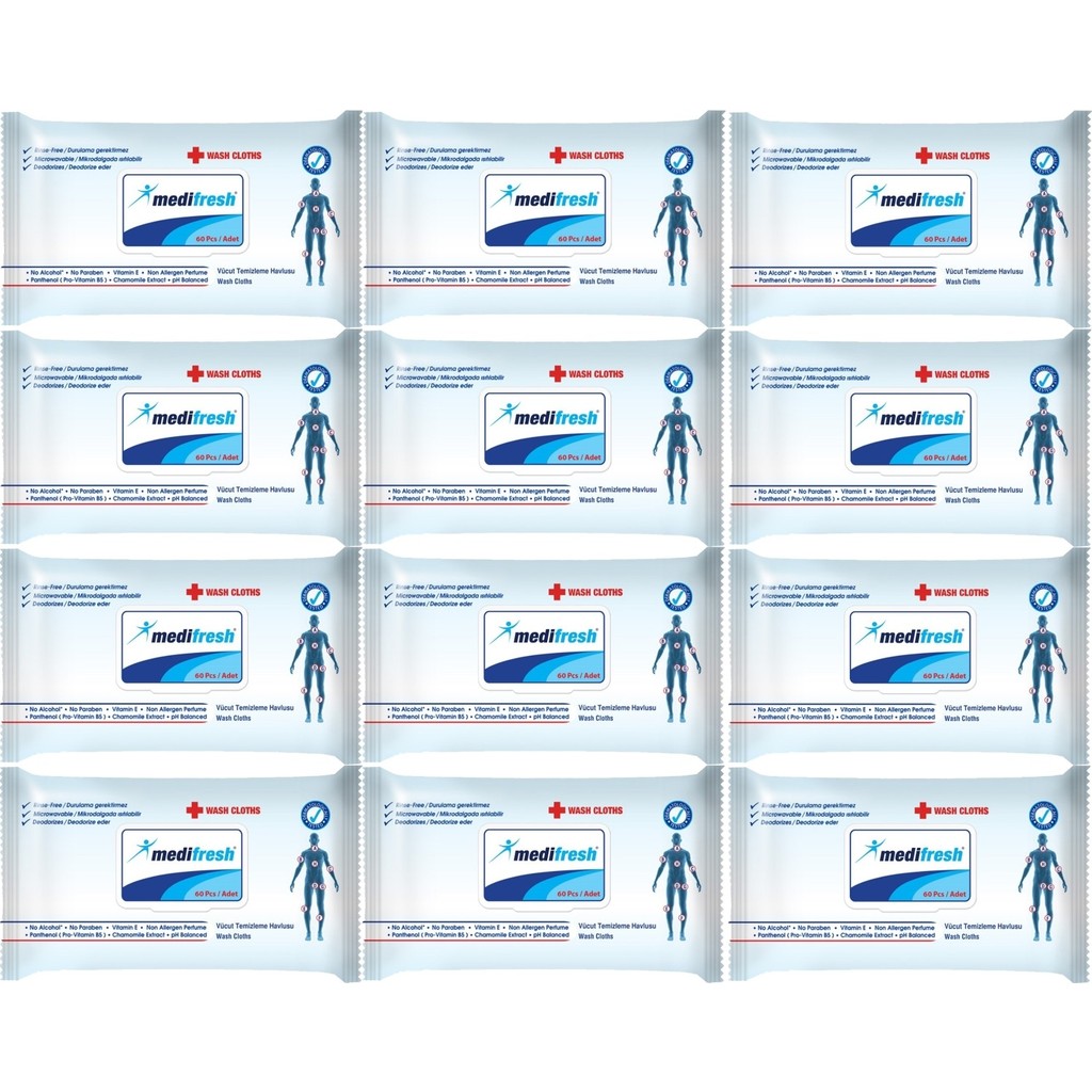 Medifresh Yetişkin Hasta Vücut Temizleme Mendil-Havlusu 60 Yaprak (12 Li Set) Plastik Kapaklı - 1 El / Yüz Havlusu Fiyatı
