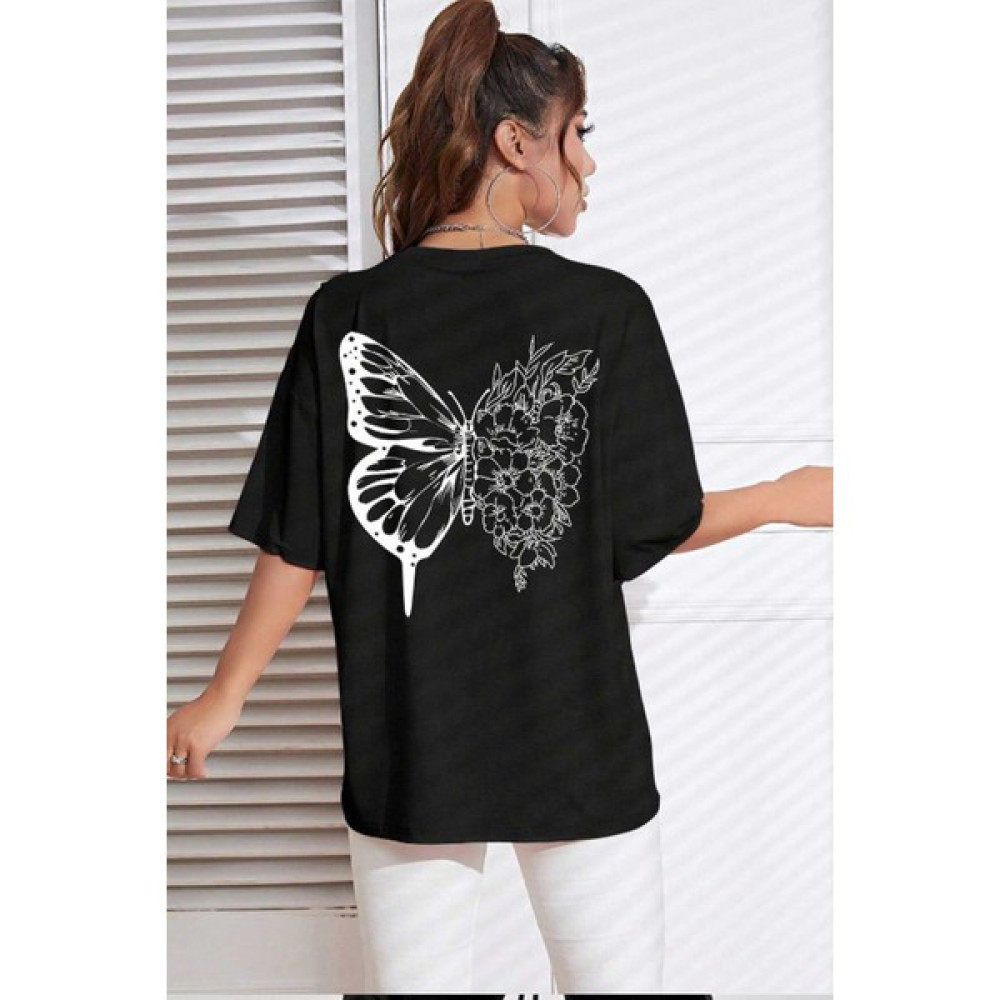 Medinenur Arka Kelebek Baskılı Siyah Kadın Oversize Tshirt Bayan T-shirt Fiyatı