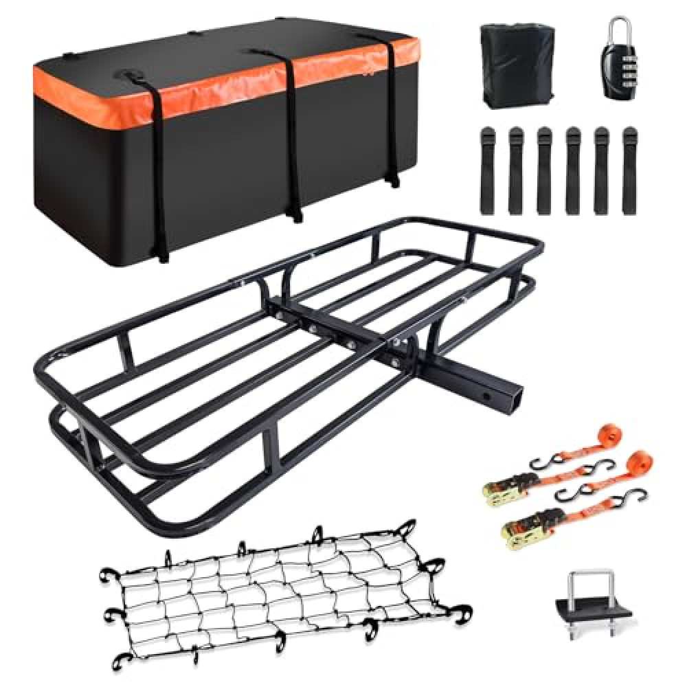 MeeFar Hitch Mount Cargo Carrier Basket 53" x19" x 5"+Waterproof Cargo Bag 15 Cubic Feet(51" x17"x 18"),Hauling Weight Capacity of 500 Lbs fit on 2 Inch Receiver with Hitch Stabilizer,Net and Straps