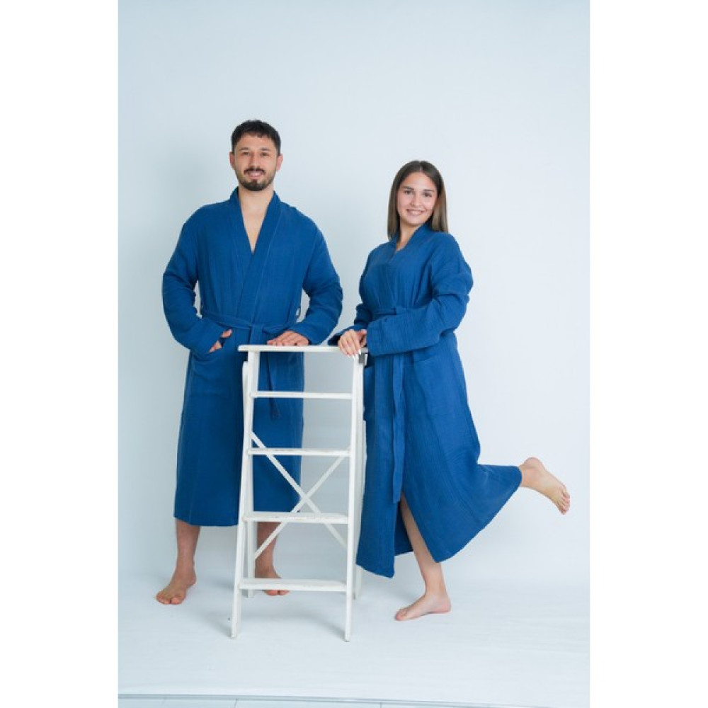 Meet Maya Natural Kimono Model Unisex 4katlı Müslin Bornoz / Sabahlık - Lacivert - L - XL Bornoz Fiyatı