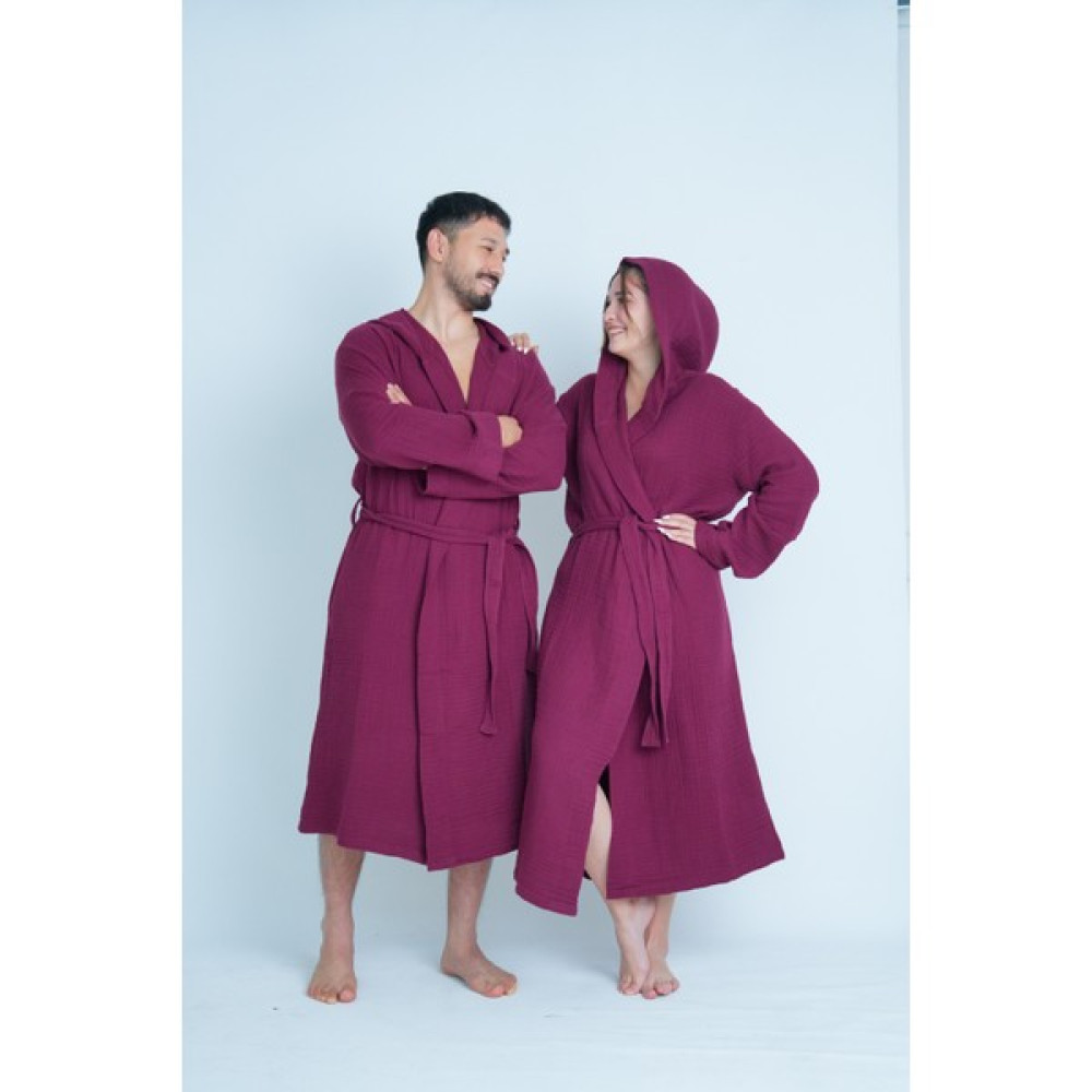 Meet Maya Natural Unisex Kapüşonlu 4 Katlı Müslin Bornoz/sabahlık - Bordo - L - XL Bornoz Fiyatı