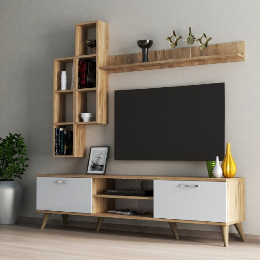 Mega 180 Lik Kitaplikli Rafli Tv Unitesi Cam-Beyaz - Tvu0303 Tv Ünitesi / Sehpası Fiyatı