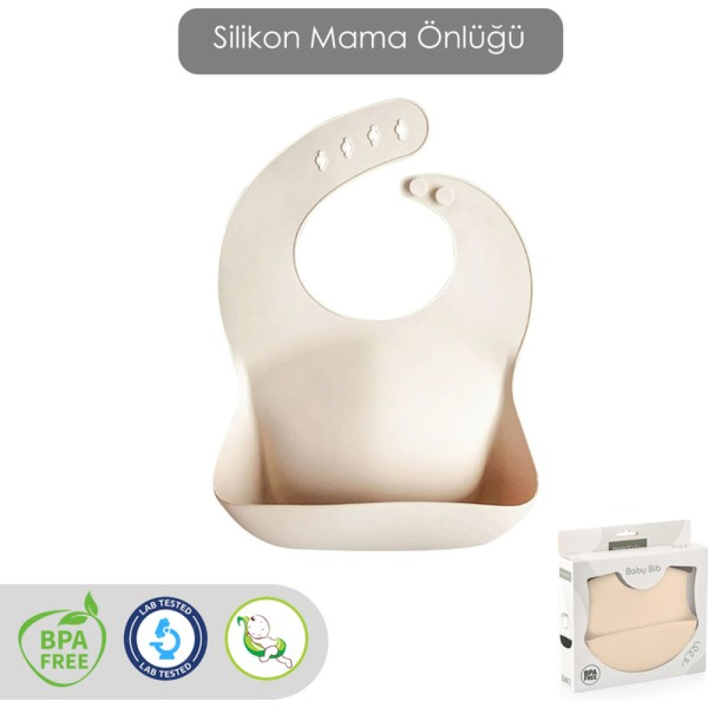 Mega Boy Silikon Mama Önlüğü – Ayarlanabilir Çift Kilitli Bebek Mama Önlüğü - Krem Rengi - 6 - 9 Ay Mama Önlüğü Fiyatı