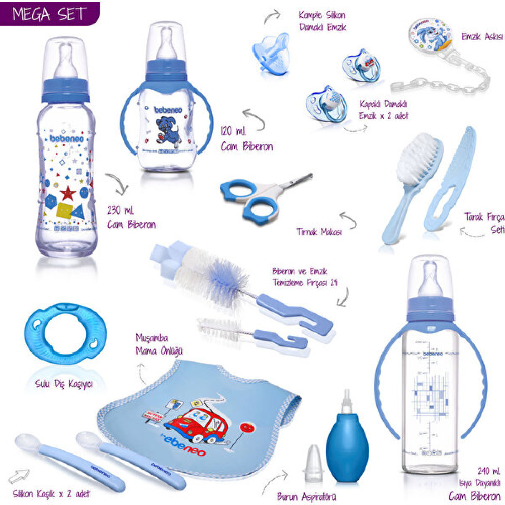 Mega Cam Biberon Set, Mavi Biberon Seti, Yenidoğan Bebek Hediyesi, Önlük Silikon Kaşık Emzik Bebek Cam Biberon Seti - 240 ml Biberon Fiyatı