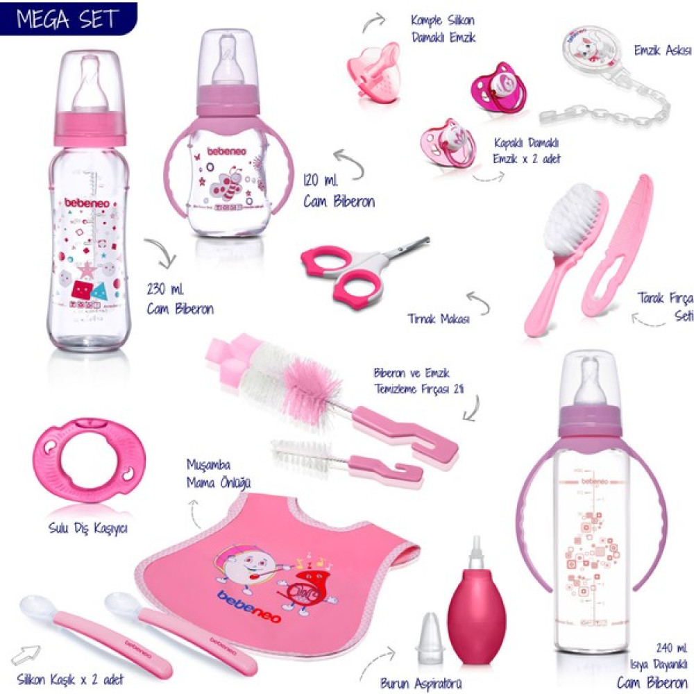 Mega Cam Biberon Set, Pembe Hediye Biberon Seti, Önlük Silikon Kaşık Emzikler Burun Aspiratörü Hediyelik Bebek Cam Biberon Seti - 240 ml Biberon Fiyatı