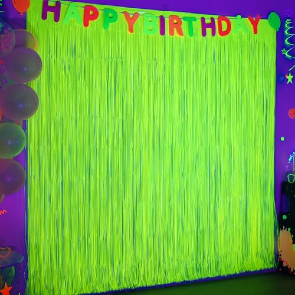 Mega-L Glow in The Dark Party Supplies, 2 Pack Neon Party Decorations 6.6 x 6.6 ft Fluorescent Macaron Yellow Tinsel Foil Fringe Curtains, Photo Booth Prop Backdrop Streamer, Birthday Party Decor