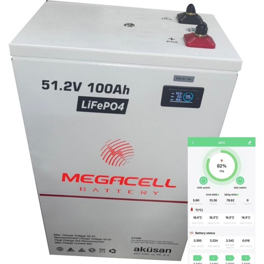 Megacell 51,2V 100AH Lifepo4 Lityum Demir Fosfat Akü (Bluetoothlu) Oto Boyaları Fiyatı
