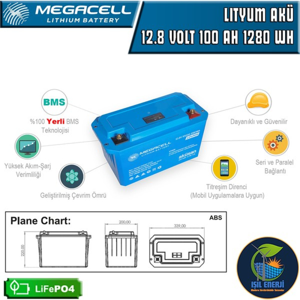 Megacell Megacel 12.8 Volt 100 Amper Lityum Akü - 12.8 V 100 Ah Lıfepo4 1280 Wh Akü Fiyatı