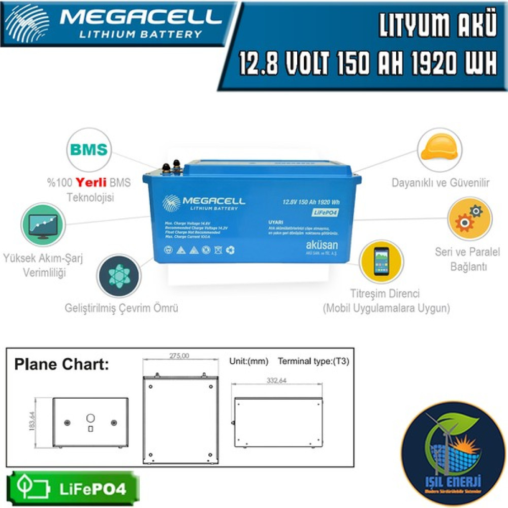 Megacell Megacel 12.8 Volt 150 Amper Lityum Akü Abs Kasa - 12.8 V 150 Ah Lıfepo4 1920 Wh Akü Fiyatı