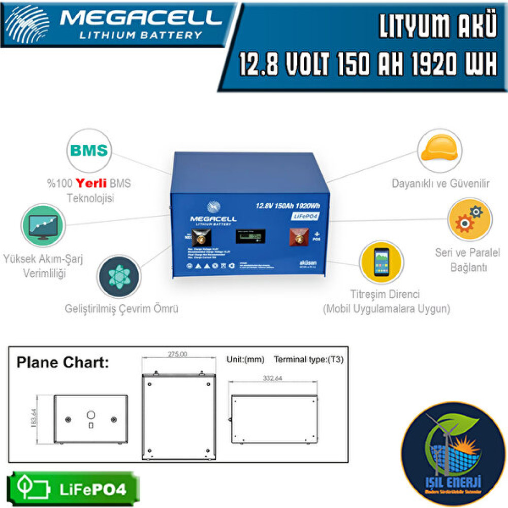 Megacell Megacel 12.8 Volt 150 Amper Lityum Akü Metal Kasa - 12.8 V 150 Ah Lıfepo4 1920 Wh Akü Fiyatı