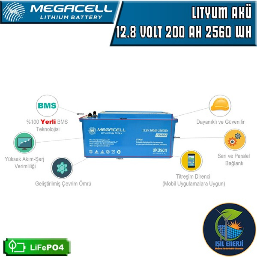 Megacell Megacel 12.8 Volt 200 Amper Lityum Akü Abs Kasa - 12.8 V 200 Ah Lıfepo4 2560 Wh Akü Fiyatı