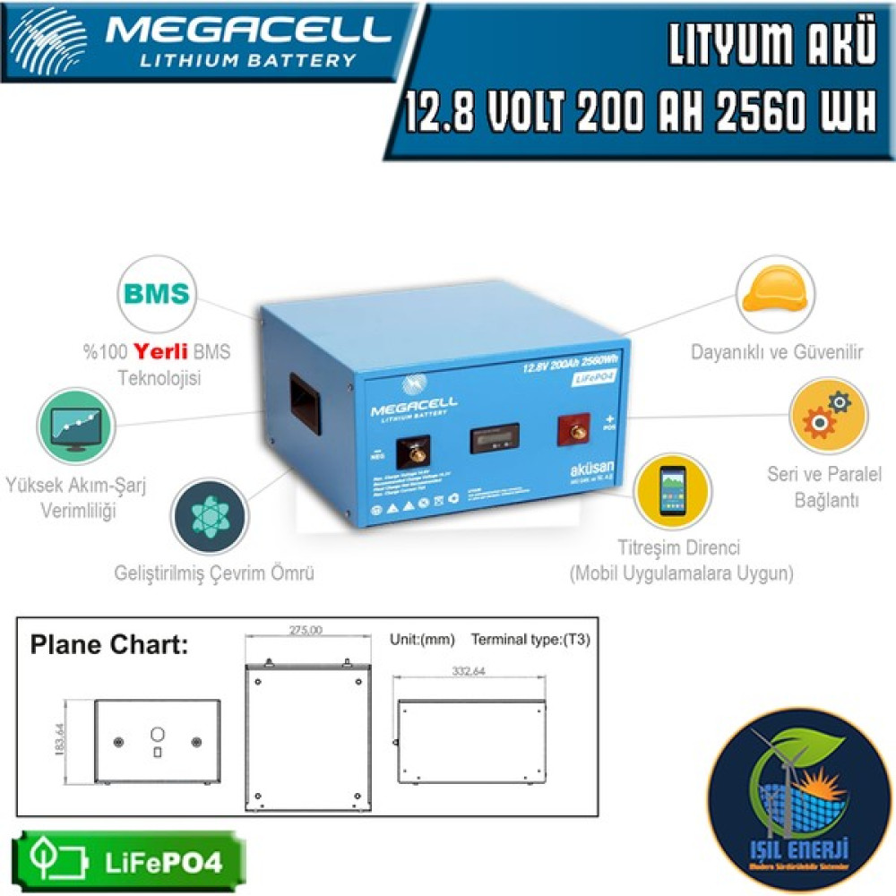 Megacell Megacel 12.8 Volt 200 Amper Lityum Akü Metal Kasa - 12.8 V 200 Ah Lıfepo4 2560 Wh Akü Fiyatı