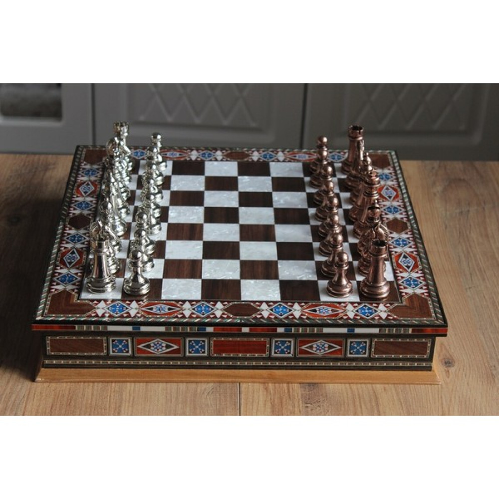Megame El Yapımı Özel Üretim Sedefli Satranç, Klasik Metal Satranç Takımı , Klasik Satranç Takımı, Kutulu Satranç Takımı - 40cm X 40cm Satranç Fiyatı