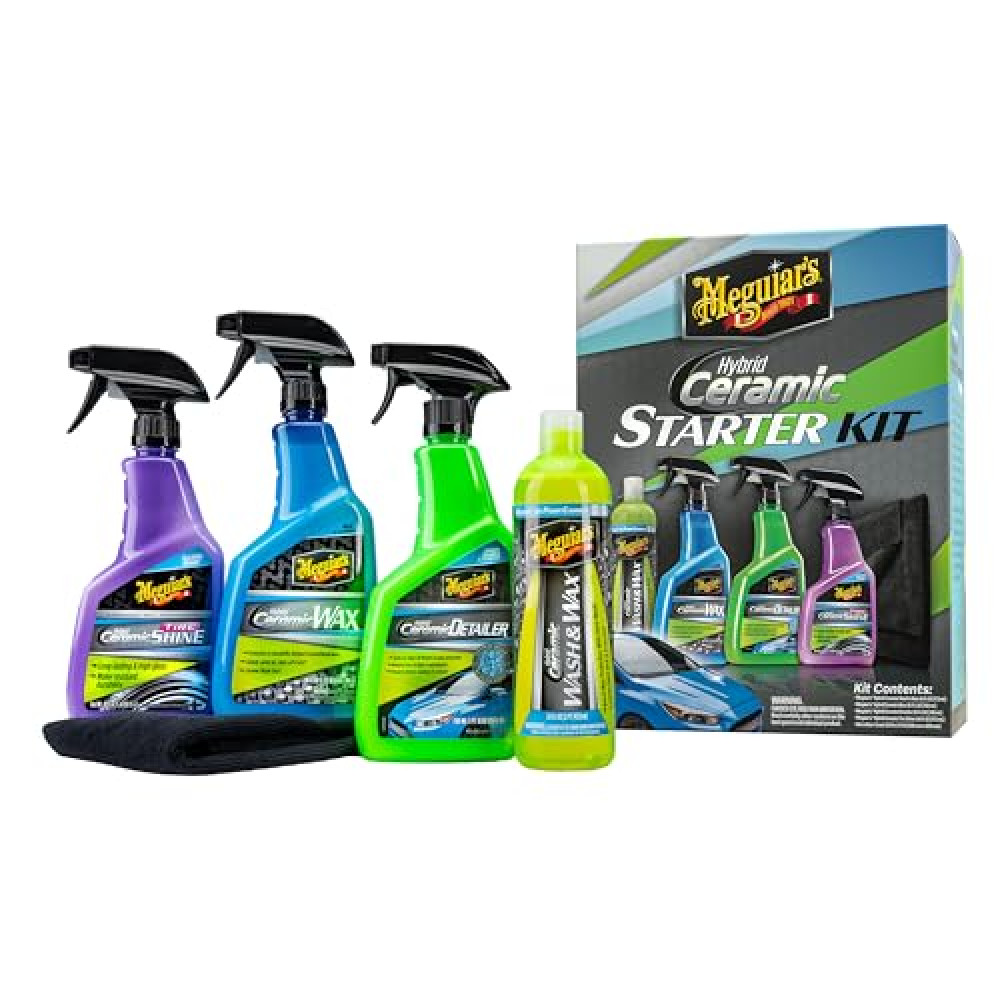 Meguiar’s Hybrid Ceramic Starter Kit - Premium Car Detailing Kit Includes Car Wash and Wax, Car Wax, Spray Detailer, and Tire Shine All with Advanced Hybrid Ceramic Chemistry for Amazing Protection