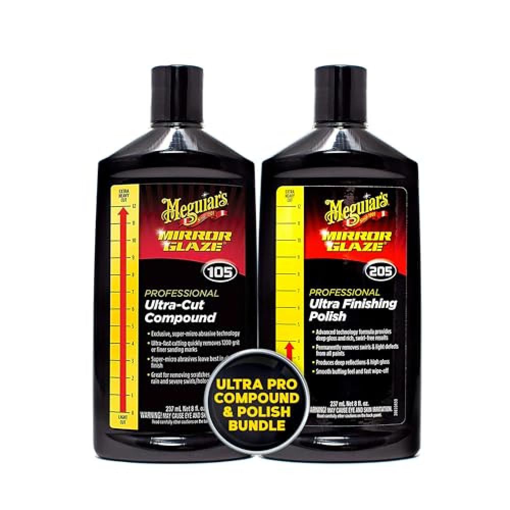 Meguiar's Mirror Glaze Bundle, Compound and Polish Kit for a Lasting, Scratch Free Exterior Gloss, Featuring Our Mirror Glaze M105 Ultra-Cut Compound and Mirror Glaze M205 Ultra-Finishing Polish