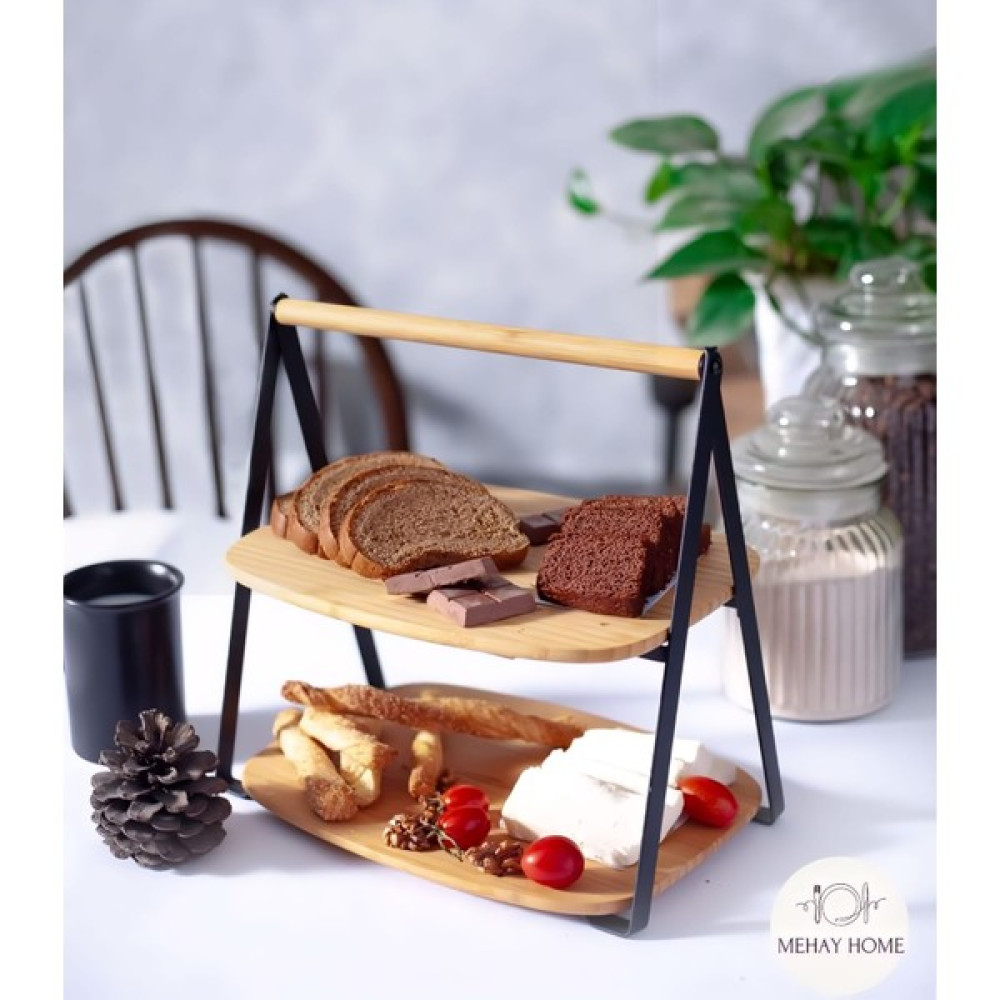 Mehay Home 2 Katlı Kulplu Bambu Organizer-Sunumluk-Düzenleyici- servislik-Tepsi - Ahşap Servis Tepsisi Fiyatı