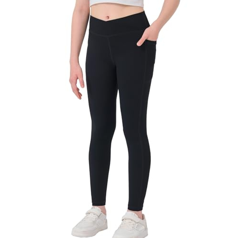 MEJING Girls Black Leggings Size 14-16, Crossover Yoga Pants with Pockets, Teen Girls Athletic Dance Workout Active Pants, Activewear for Gym