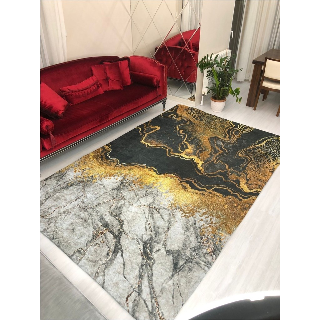 Meka Altın Mermer Model Ipek Kadife Lastikli Halı Örtüsü - 200 x 290 cm - Renkli Salon Halısı Fiyatı