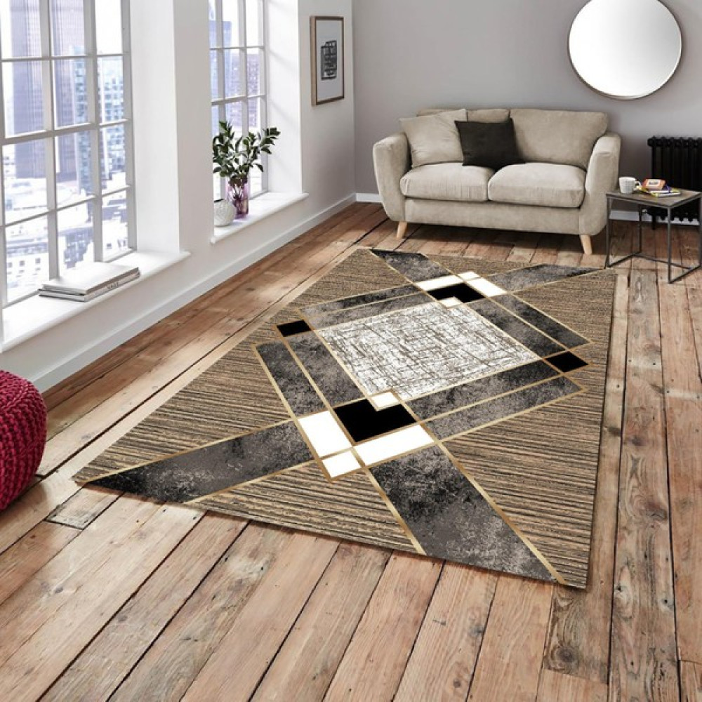 Meka Home Kahve Gold Şerit Model Lastikli Halı Örtüsü - Gri - Kahverengi - 155 x 235 cm Salon & Oturma Odası Tekstili Fiyatı