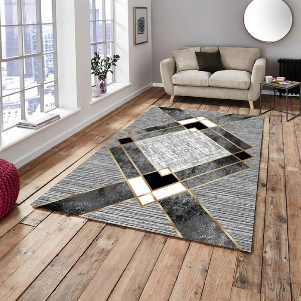 Meka Home Siyah Gold Şerit Model Lastikli Halı Örtüsü - 155 x 235 cm - Siyah - Beyaz - Gri Salon & Oturma Odası Tekstili Fiyatı