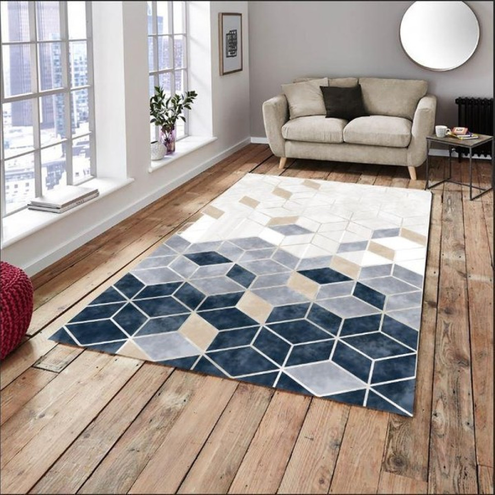 Meka Home Yeni Piramit Mavi Model Lastikli Halı Örtüsü - 155 x 235 cm - Mavi - Beyaz - Gri Salon & Oturma Odası Tekstili Fiyatı
