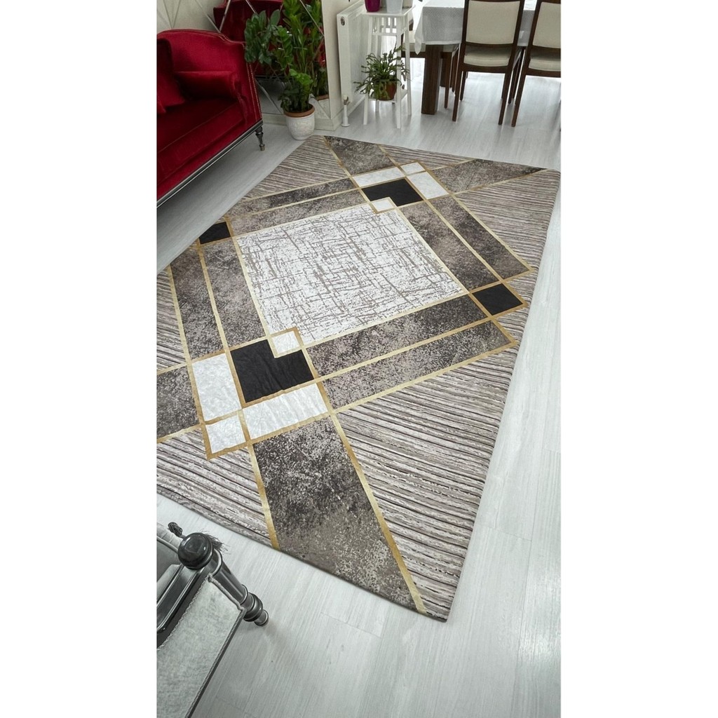 Meka Kahve Gold Şerit Model Antibakteriyel Lastikli Kadife Halı Örtüsü Modern Tema 160 x 230 cm - Renkli Salon Halısı Fiyatı
