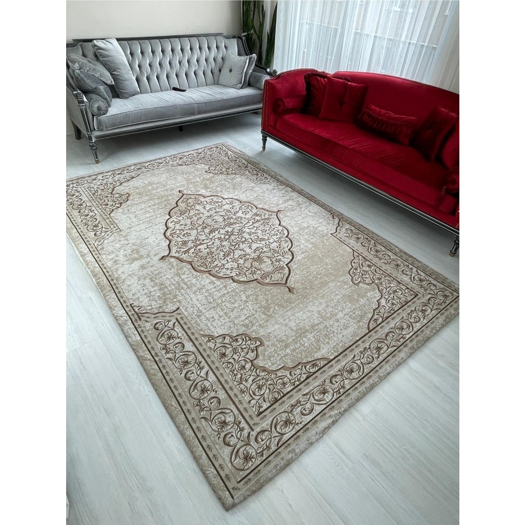 Meka Osmanlı Model Ipek Kadife Lastikli Halı Örtüsü - 200 x 295 cm - Renkli Salon Halısı Fiyatı