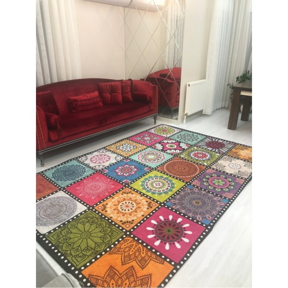 Meka Patchwork Model Lastikli Halı Örtüsü - 200 x 300 cm - Renkli Salon & Oturma Odası Tekstili Fiyatı