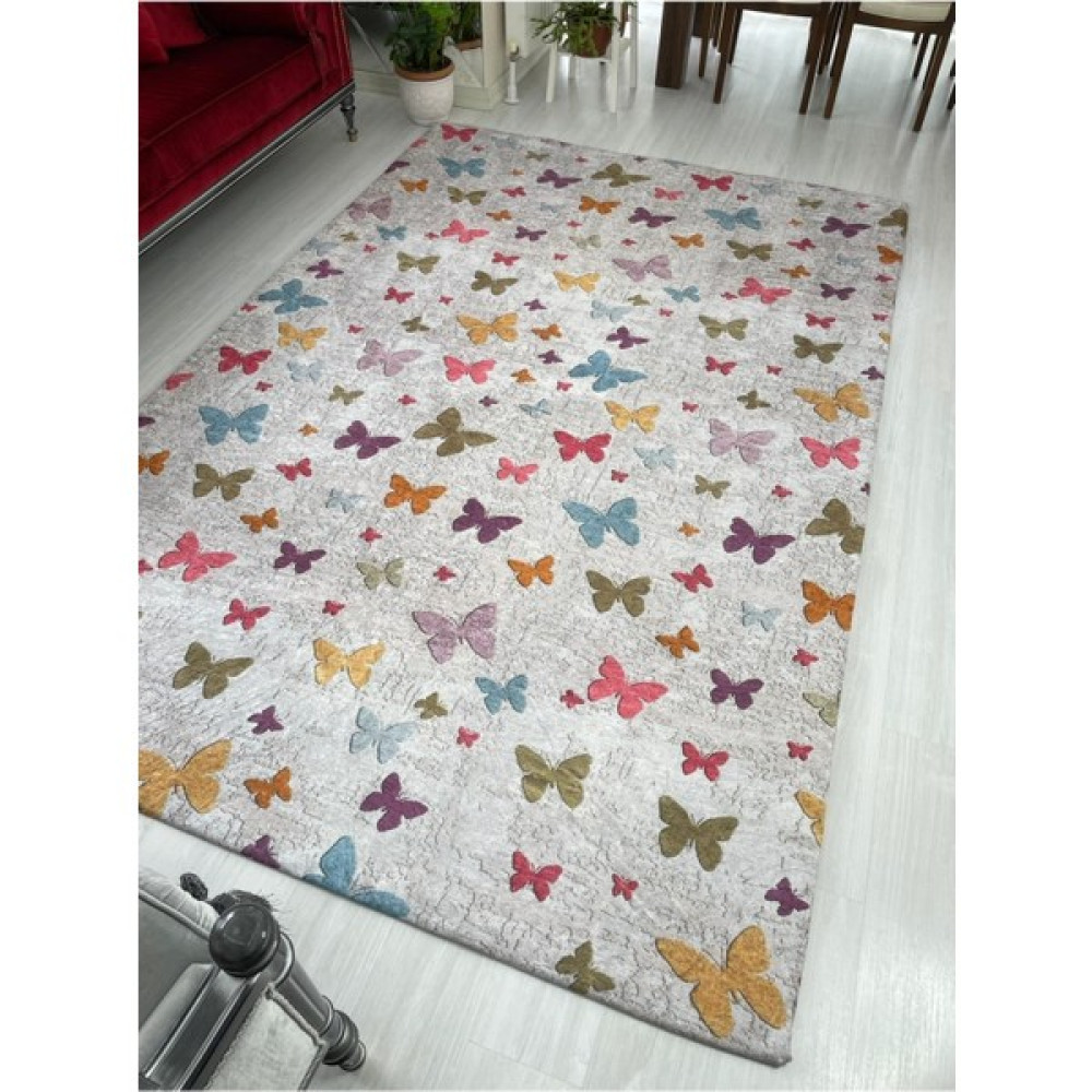 Meka Renkli Kelebek Model Lastikli Kadife Halı Örtüsü - 150 x 225 cm Salon & Oturma Odası Tekstili Fiyatı