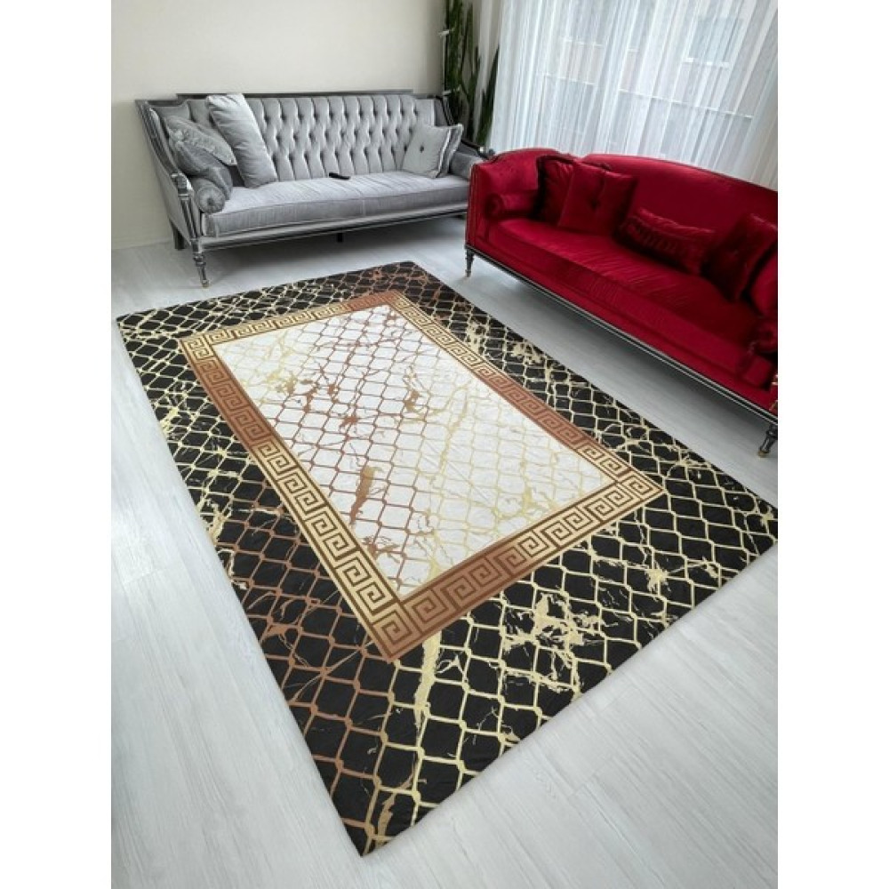 Meka Siyah Gold Hithit Model Lastikli Kadife Halı Örtüsü - 155 x 235 cm - Renkli Salon & Oturma Odası Tekstili Fiyatı