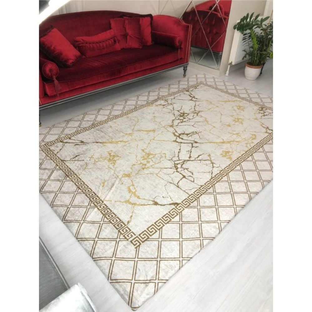 Meka Yeni Model Krem Piramit Lastikli Halı Örtüsü Kadife - 155 x 235 cm - Renkli Salon & Oturma Odası Tekstili Fiyatı