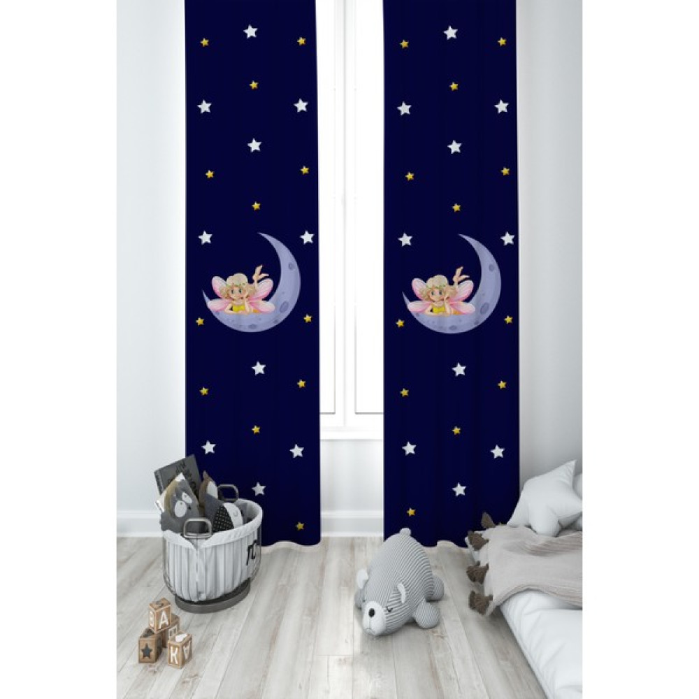 Mekta Home Bebek ve Çocuk Odası Ay Üzerinde Uçan Peri Kız Desenli 2 Kanat Fon Perde - 70 x 240 cm - Renkli Fon Perde Fiyatı