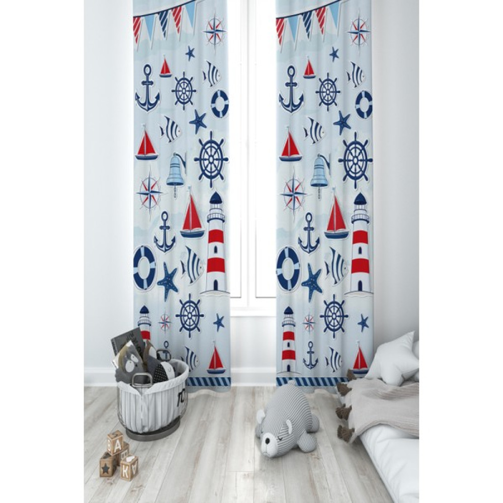 Mekta Home Bebek ve Çocuk Odası Denizci Motif Desenli 2 Kanat Fon Perde - 70 x 240 cm - Renkli Fon Perde Fiyatı