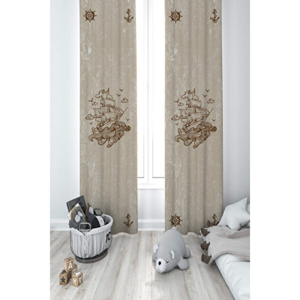 Mekta Home Bebek ve Çocuk Odası Korsan Gemi ve Dümen Desenli 2 Kanat Fon Perde - 70 x 240 cm - Renkli Fon Perde Fiyatı