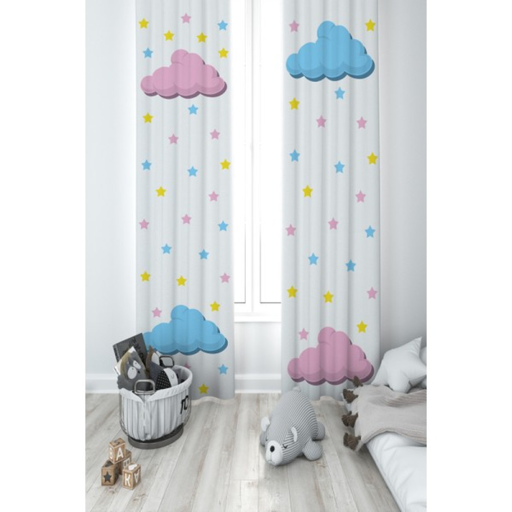 Mekta Home Bebek ve Çocuk Odası Pembe Mavi Bulut Desenli 2 Kanat Fon Perde - 70 x 270 cm - Renkli Fon Perde Fiyatı