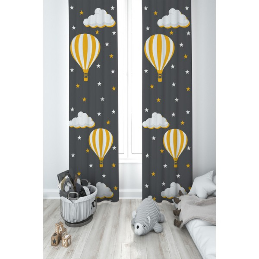 Mekta Home Bebek ve Çocuk Odası Uçan Balon ve Bulut Desenli Gri 2 Kanat Fon Perde - 100 x 270 cm - Renkli Fon Perde Fiyatı