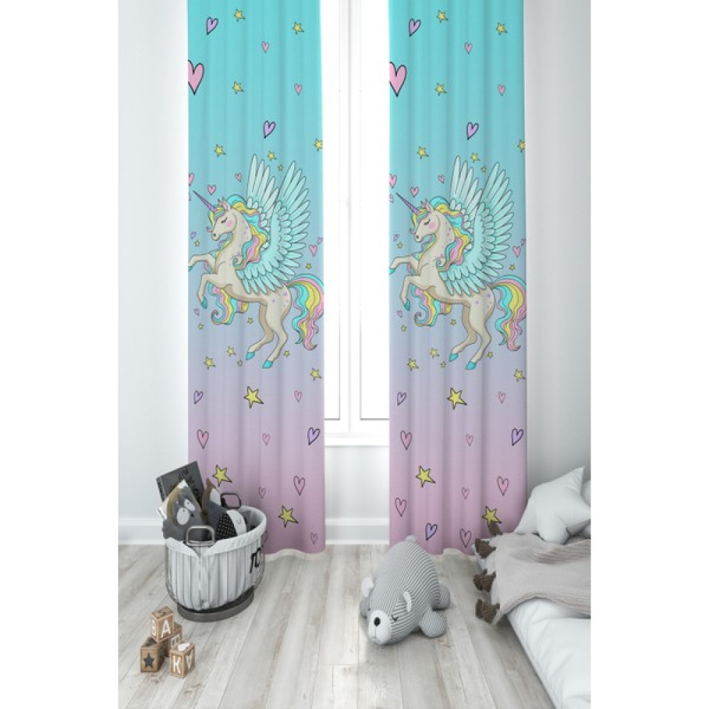 Mekta Home Bebek ve Çocuk Odası Uçan Unicorn Desenli 2 Kanat Fon Perde - 70 x 270 cm - Renkli Fon Perde Fiyatı