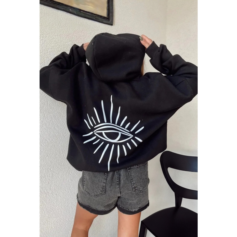 MELADYAN Göz Baskılı Kadın Siyah Kapüşonlu Hoodie Sweatshirt M Beden Bayan Sweatshirt Fiyatı