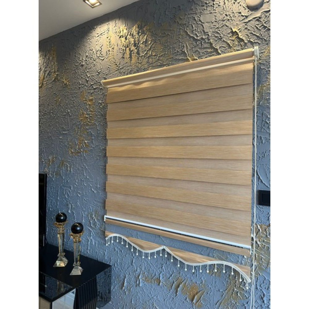 Melek Bej-Krem Kırçıllı Eteği Dilimli Boncuklu Zebra Perde (Güneşlik-Ofis Perdesi -Salon- Mutfak) - 90 x 200 cm - Bej - Krem Perde Fiyatı