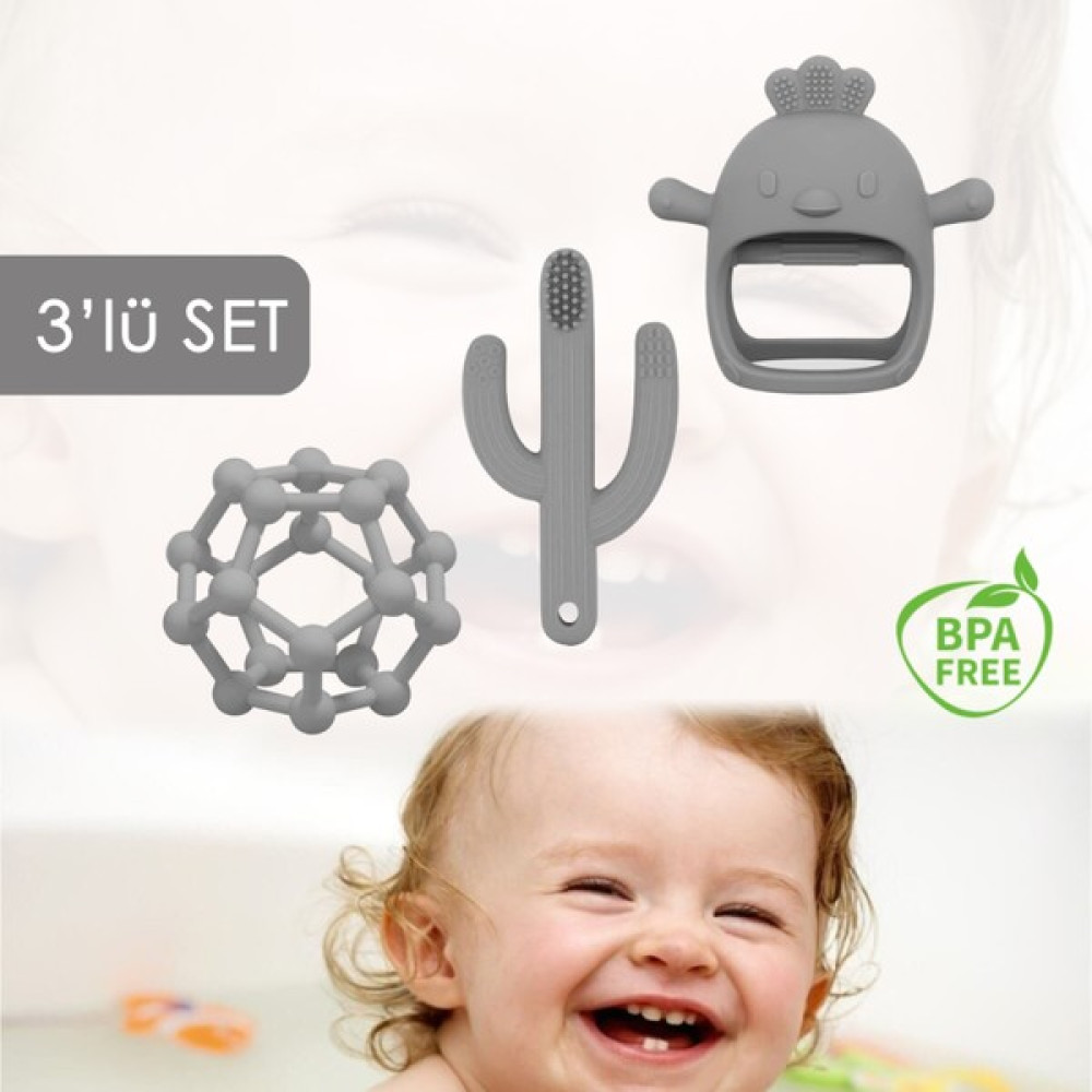 Meleni Baby 3'lü Set - Diş Kaşıyıcı El Topu - Silikon Bebek Diş Kaşıma Eldiveni - Kaktüs Bebek Dişlik - Gri Bebek Oyuncakları Fiyatı